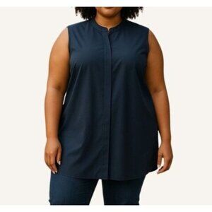 Tory Burch Clasic Blouse 14 Navy Blue Sleeveless Button Up Top  Office Business